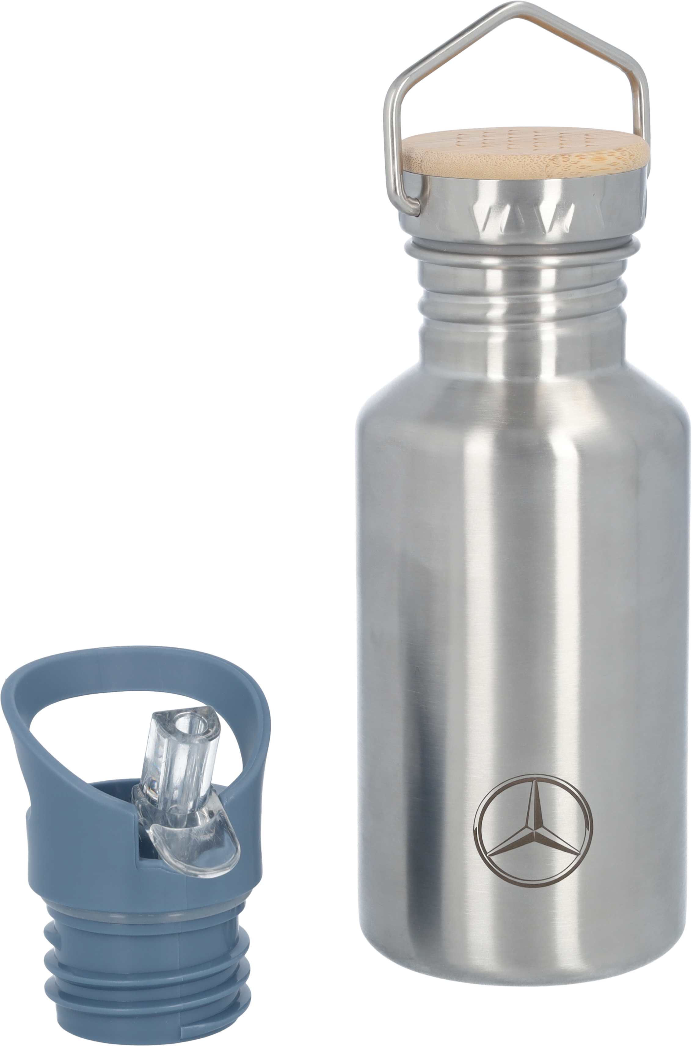 Children's drinking bottle, Mercedes-Benz - silver-coloured / blue, Stainless steel / Bamboo / Polypropylene, Lässig