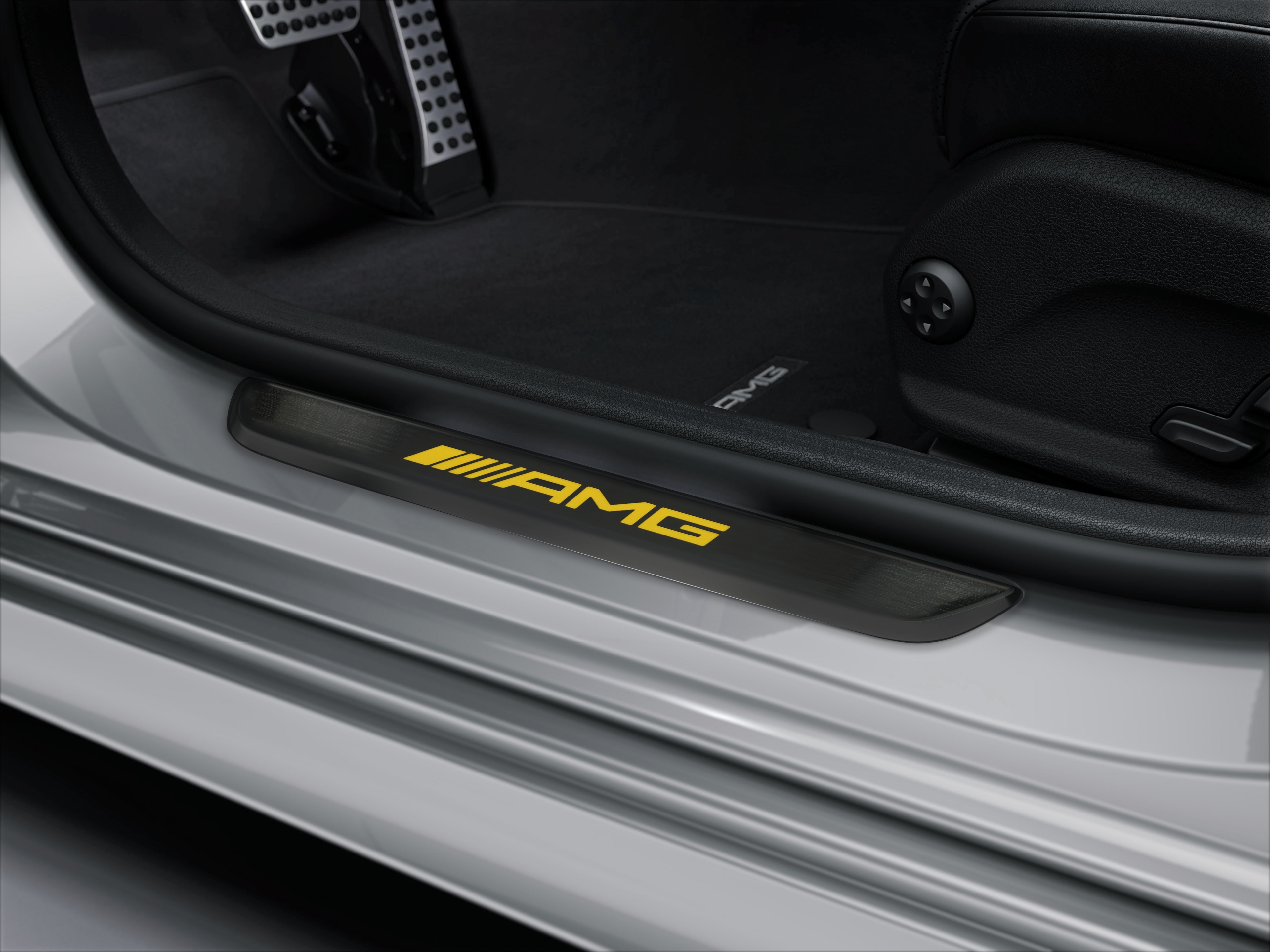 Exchangeable cover for illuminated door sill panel, AMG, Front, set of 2 - Stainless steel, black / yellow