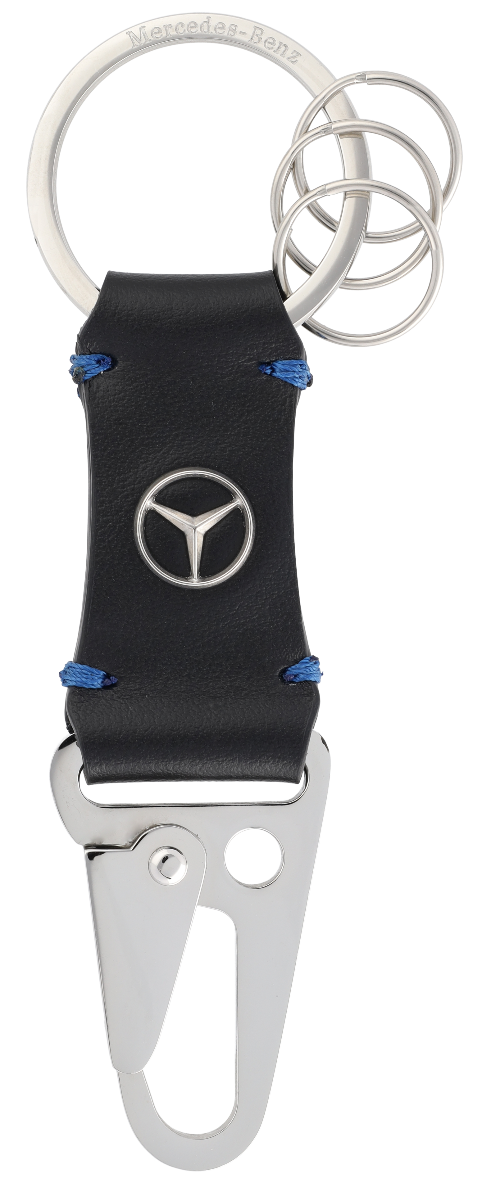Key ring, Snap-hook - black / blue, Leather / Stainless steel, high-gloss polished