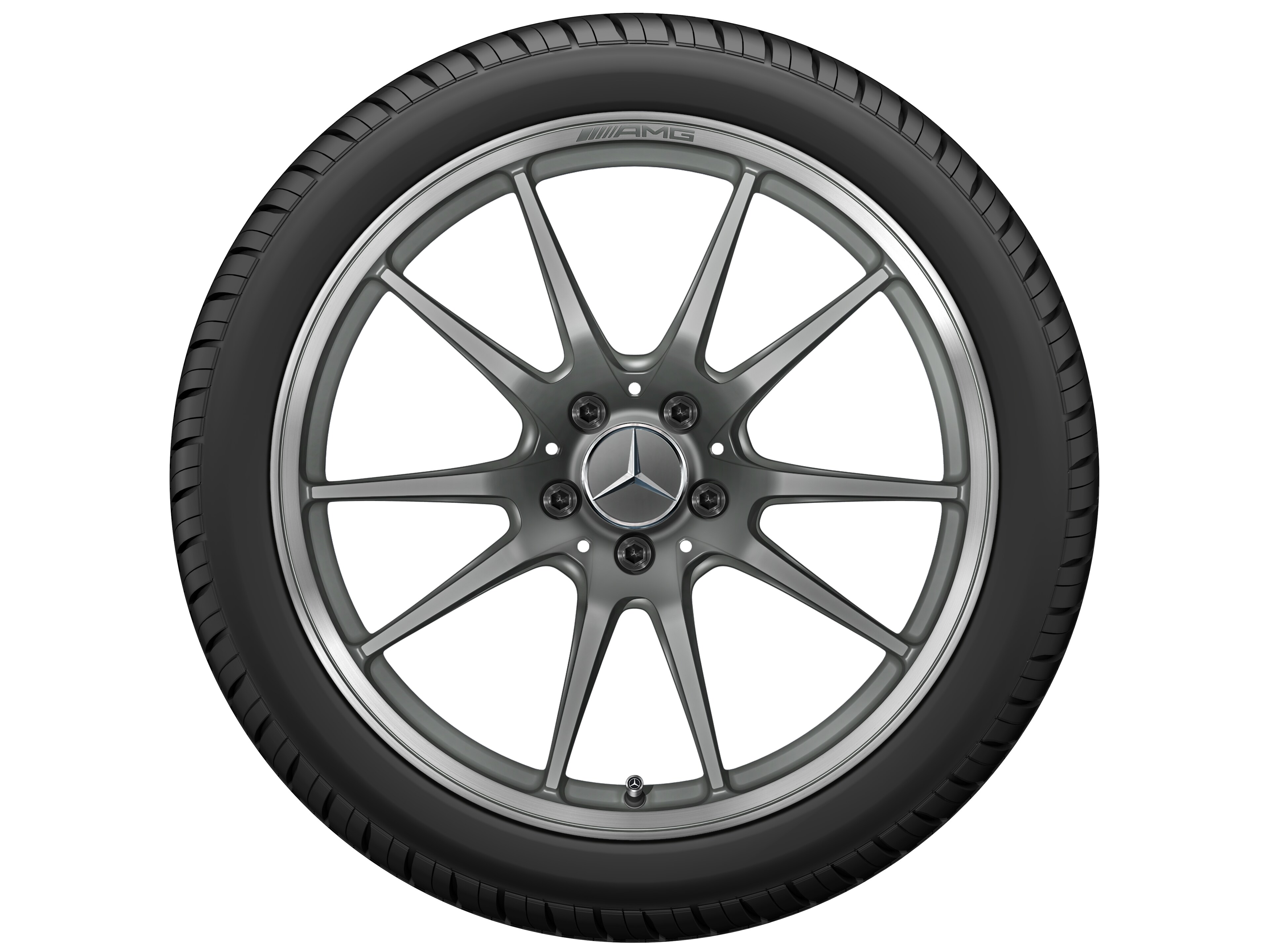 AMG forged wheel in 5-twin-spoke design, 48.3 cm (19-inch), High-sheen rim flange - 10 J x 19 ET 56, matt titanium grey, high-sheen rim flange