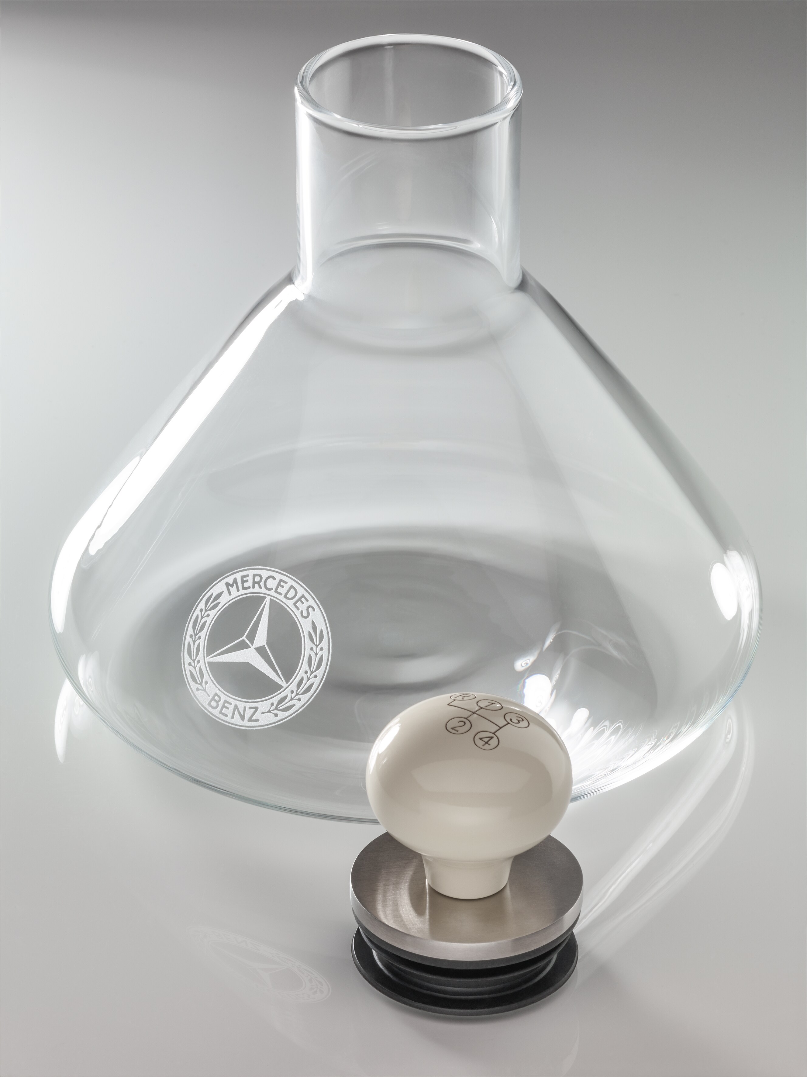 Decanter - transparent / ivory / silver-coloured, Glass / Stainless steel / Wood