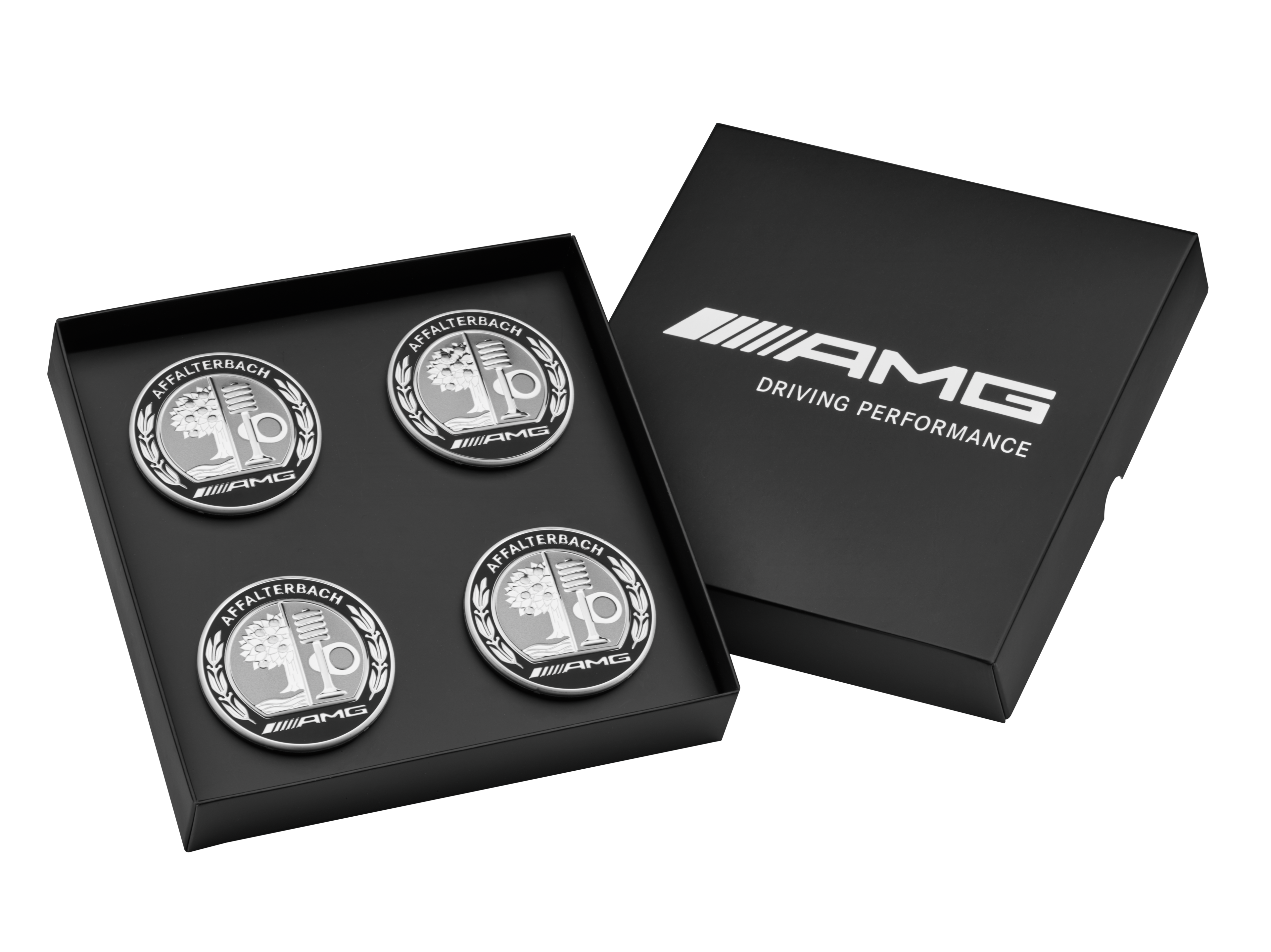 AMG hub caps, with AMG emblem, Set of 4, for countersink diameter 66.8 mm - silver-coloured / black