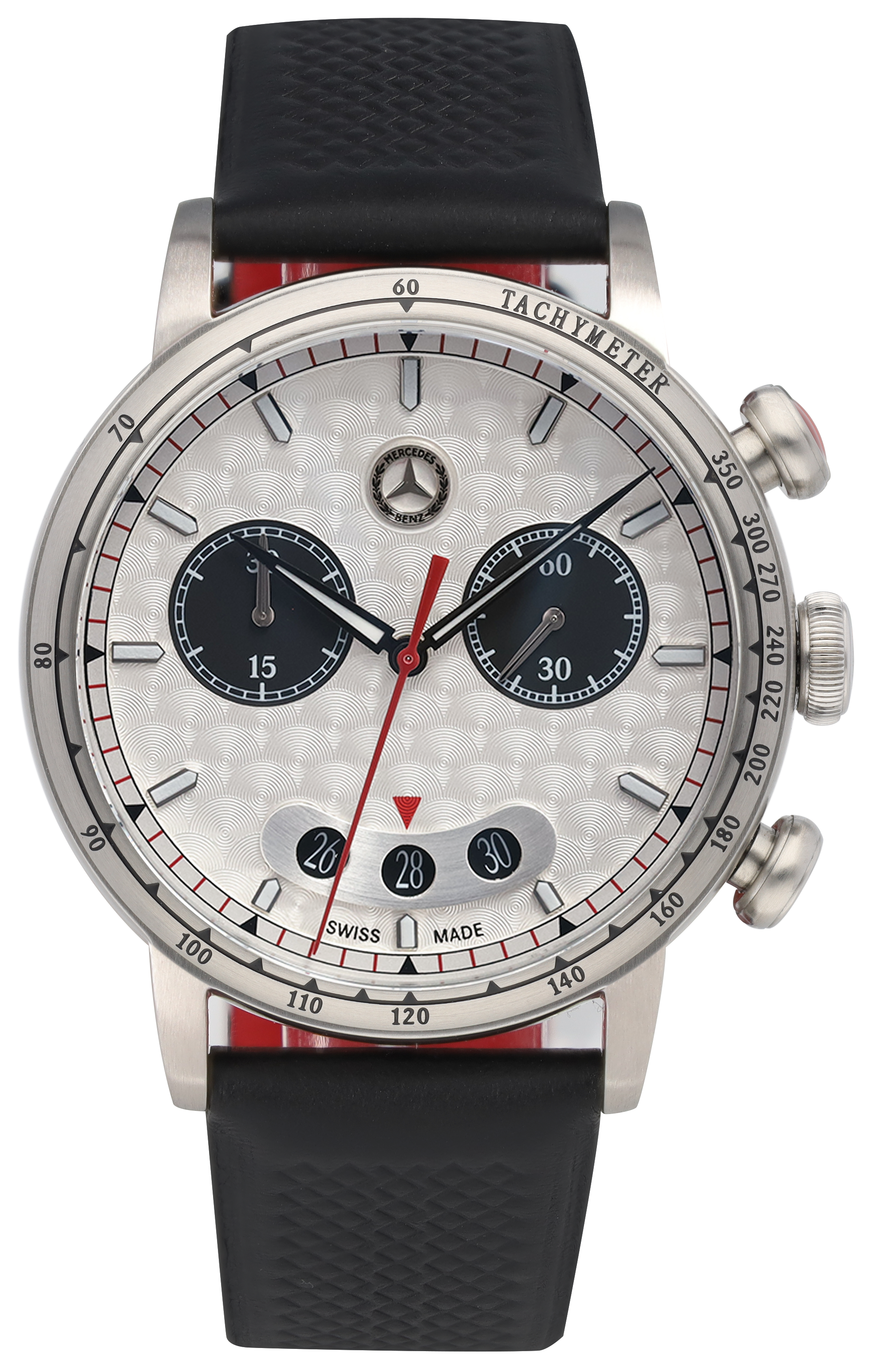 Chronograph Herren, CLASSIC, Silberpfeil - silberfarben / schwarz / rot, Edelstahl / Kalbsleder