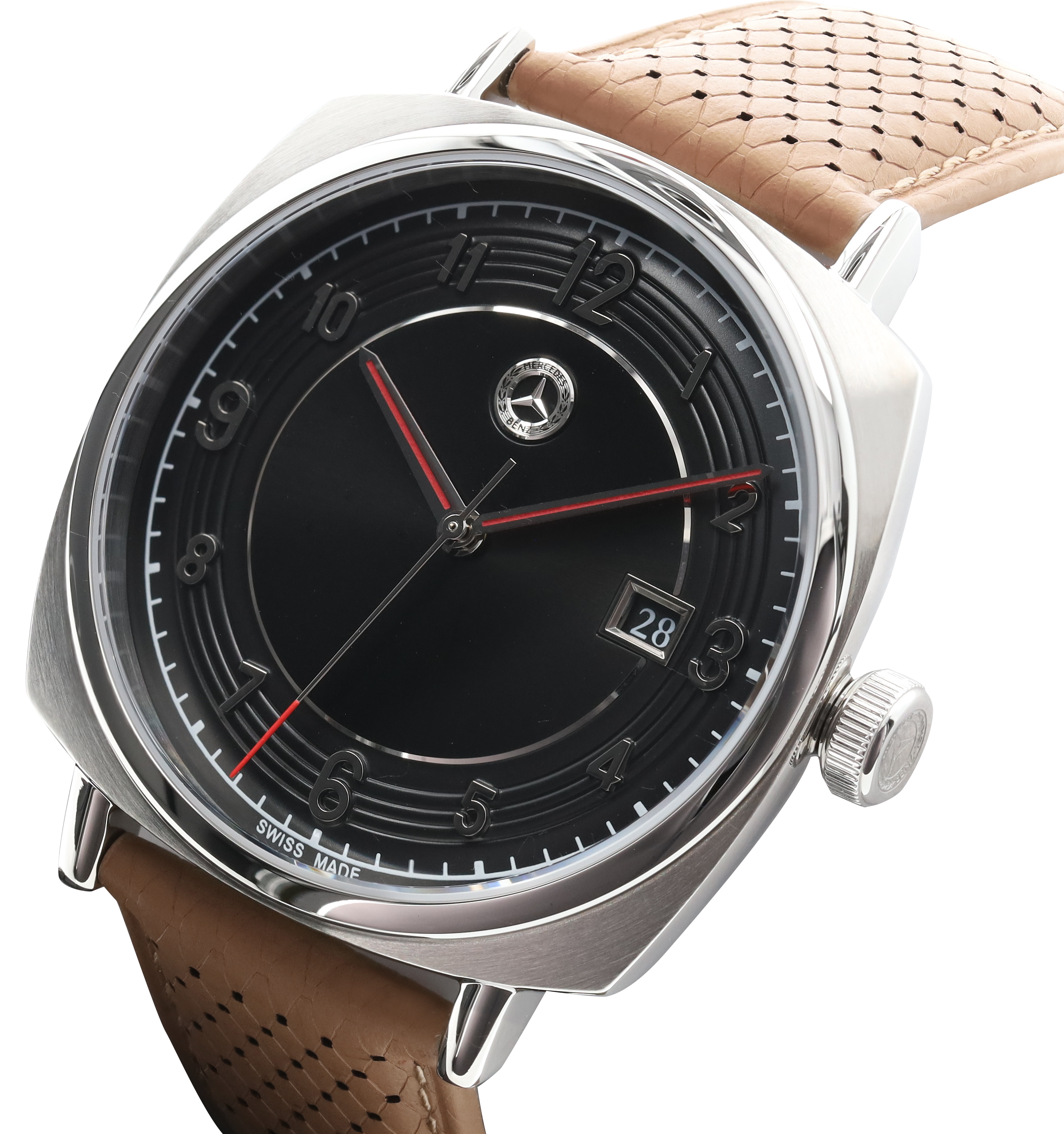 Men's wristwatch, Classic, Pagoda - silver-coloured / black / cognac brown, Stainless steel / Calfskin