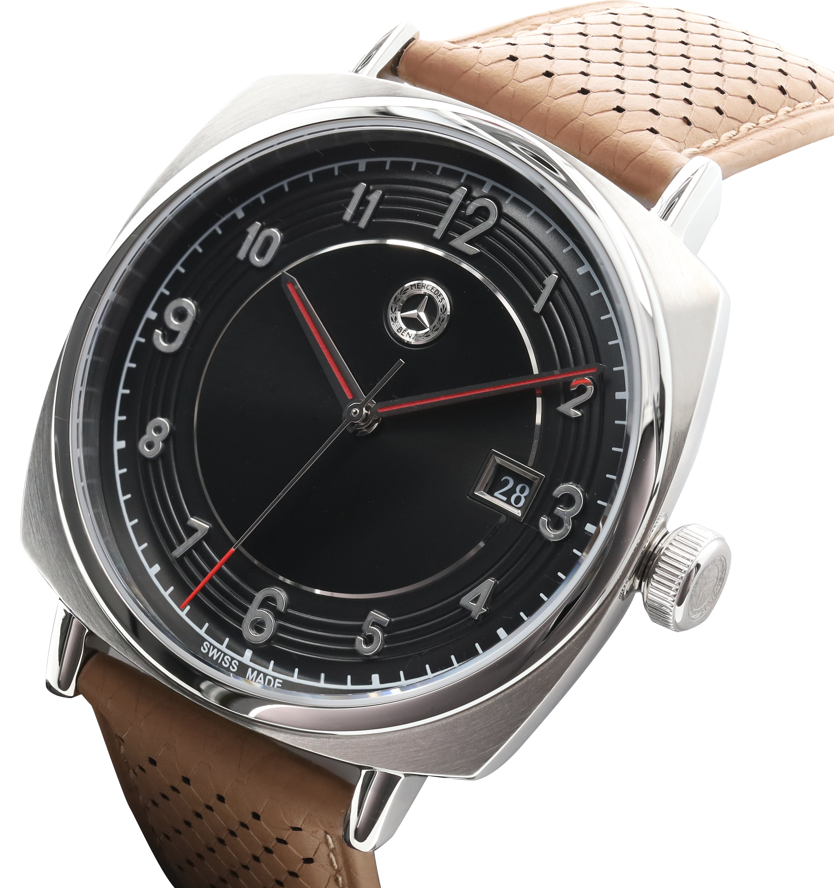 Men's wristwatch, Classic, Pagoda - silver-coloured / black / cognac brown, Stainless steel / Calfskin