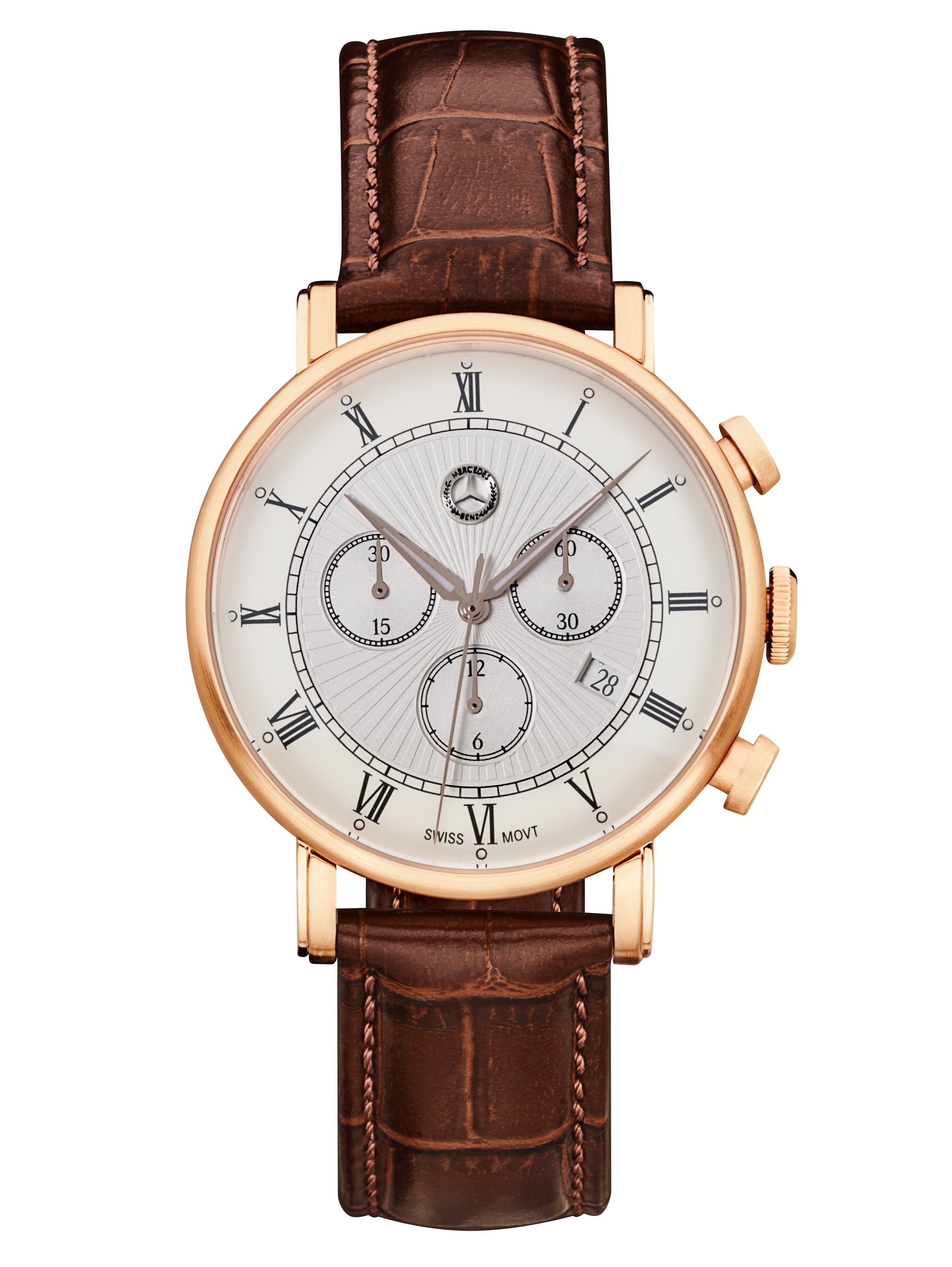 Men's chronograph watch, Classic Retro Gold - rosé gold colour / brown, Stainless steel / Calfskin