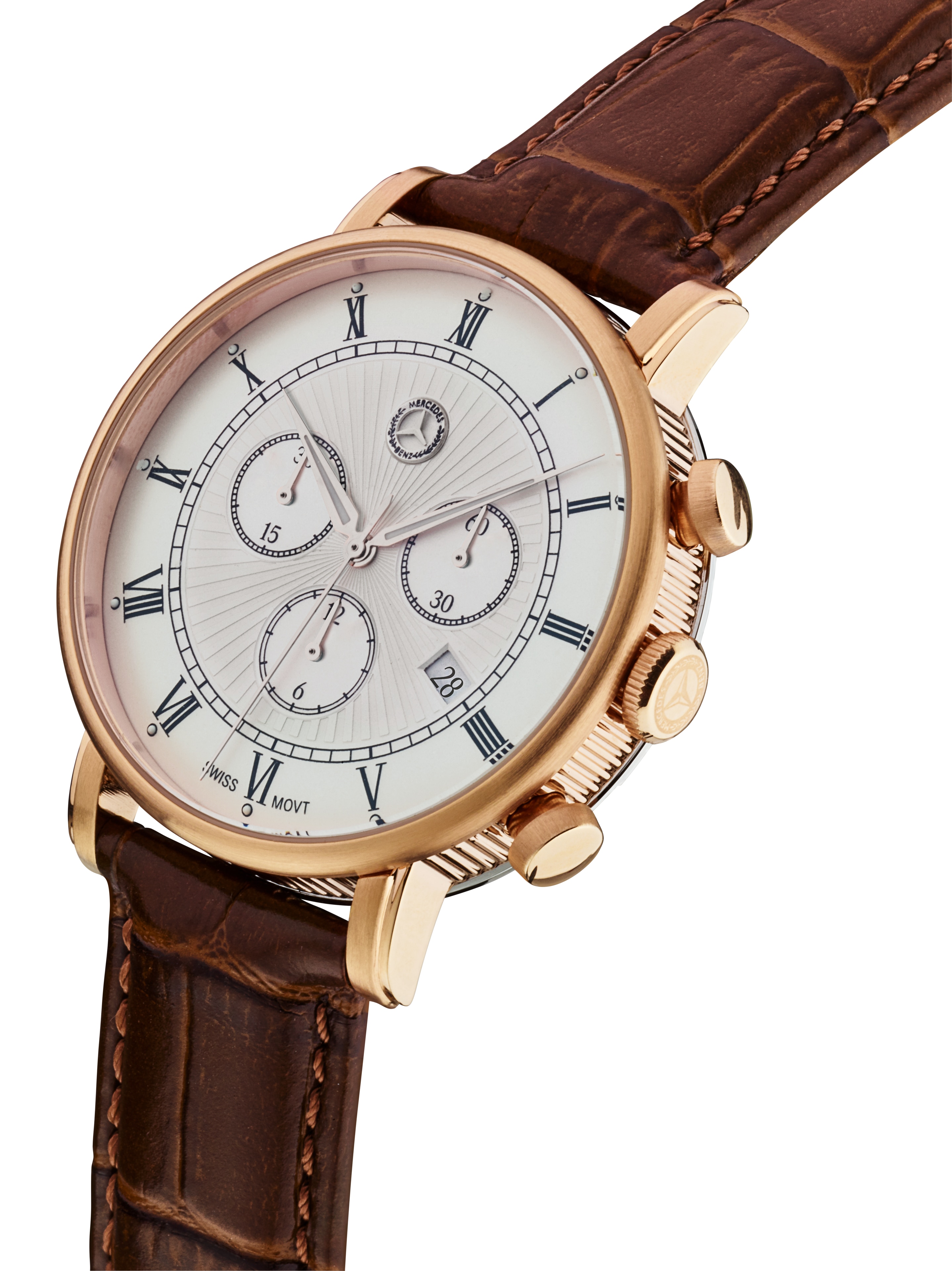 Men's chronograph watch, Classic Retro Gold - rosé gold colour / brown, Stainless steel / Calfskin