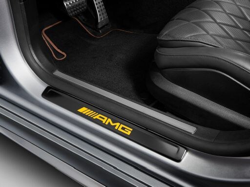 Exchangeable cover for illuminated door sill panel, AMG, Front, set of 2 - Stainless steel, black / yellow