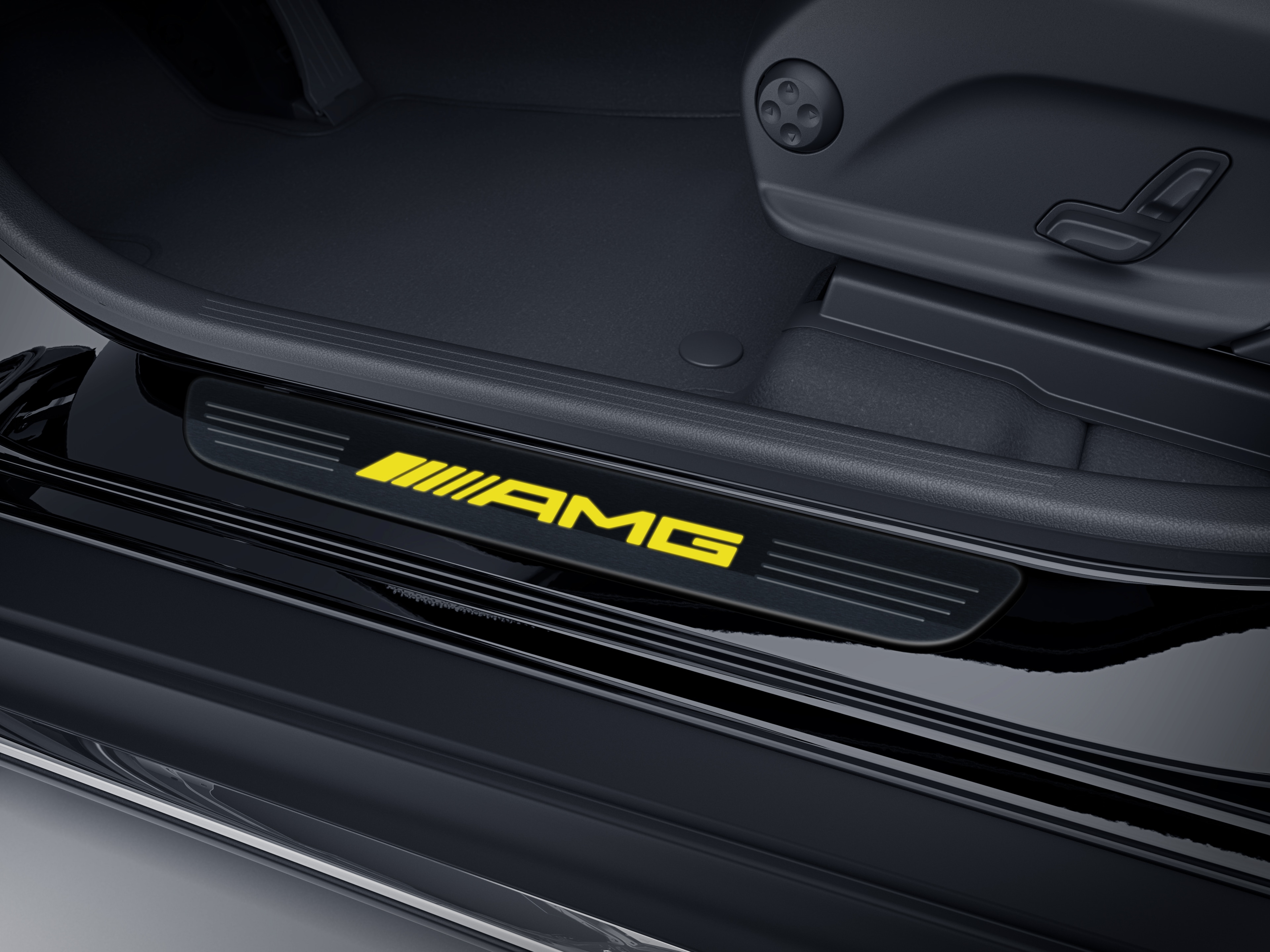 Exchangeable cover for illuminated door sill panel, AMG, Front, set of 2 - Stainless steel, black / yellow